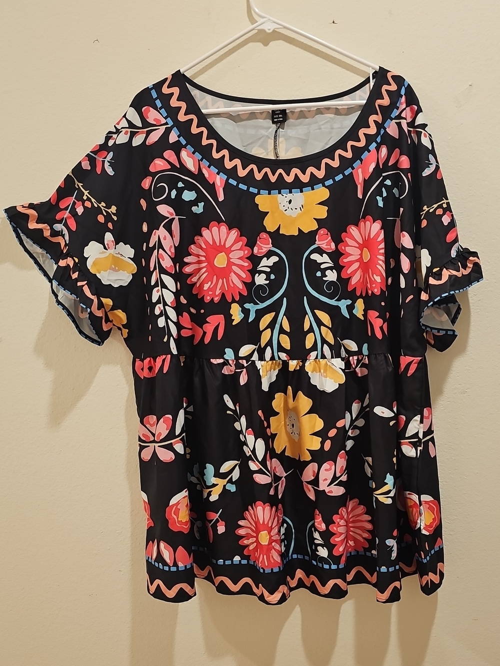 SHEIN Black Floral Peplum Blouse with Pink & Yellow Accents